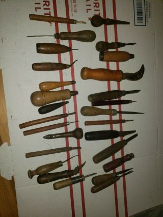Vintage Antique Wood Handle Tools.  Leathering Etc
