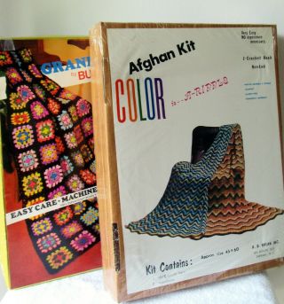 2 Vntg.  Afghan Kits A.  B.  Brian 45x60 " & Bucilla Granny 46x67 " Vgc Acrylic