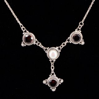 Vtg Sterling Silver - Pearl Garnet Bib Pendant 17 " Chain Link Necklace - 9.  5g