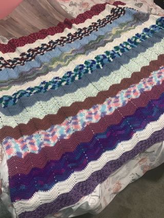 Vintage Handmade Chevron Crochet Throw Blanket Afghan Multi 60 " X75”