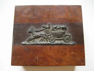 Vintage Wooden Dresser Trinket Box With Metal Horse & Carriage Made In Japan