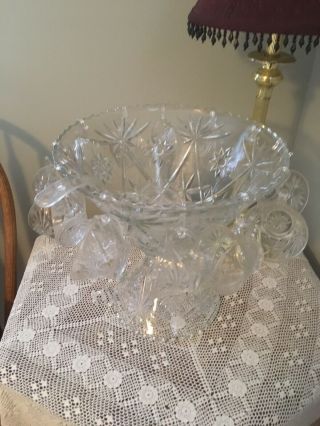 Vintage Anchor Hocking Early American Prescut Star Of David 27 Pc Punch Bowl Set