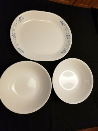 Correlle Vintage Blue 12 " Platter And (2) 8 " Serving Bowls