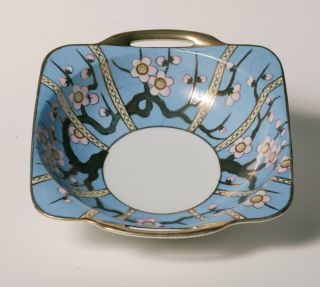 Vintage Art Deco NORITAKE SQUARE BOWL - Cherry Blossoms on Light Blue with Gold 3