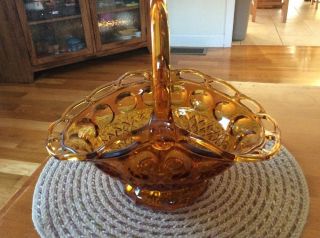 Vintage Large Amber Indiana Glass Handled Basket Diamond Point/circles