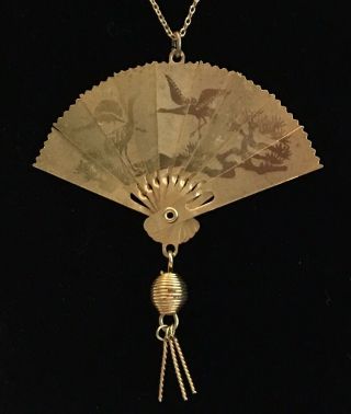 Vintage Gold Asian Fan Pendant Charm Necklace Collapsible Articulated