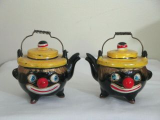 Clown Salt And Pepper Shakers Black Americana Red Ware Tea Pot Shape Vintage
