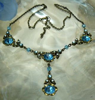 Exquisite Delicate Deco Vtg Aqua Blue Faceted Glass Rhinestone Drop Y Necklace