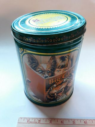 Vintage Purina Biscuits Steel Tin Canister Treat Container Dog Scenes 7.  5 " Tall