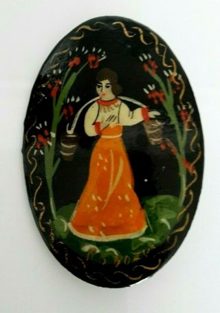 Vintage Signed Black Lacquer Hand Painted Russian Woman Buckets Brooch Pin (o13)