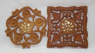 2 Vintage Hand Carved Floral Wood Made In India Trivets
