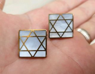 Stunning Vintage Jewellery Heavy Star Of David Mother Of Pearl Gold Cuff Links