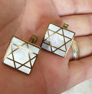 STUNNING VINTAGE JEWELLERY HEAVY STAR OF DAVID MOTHER OF PEARL GOLD CUFF LINKS 3