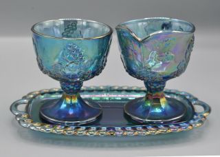Vintage Indiana Glass Blue Carnival Harvest Grape Cream & Sugar Set W/ Tray