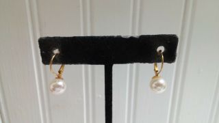 Vintage Goldtone Metal Faux Pearl Plastic Bead Dangle Wire Pierced Earrings