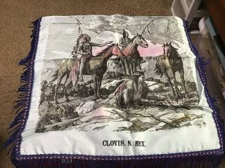 Vintage Silk Fringed Souvenir Pillow Cover Native Americans On Horseback Clovis