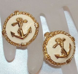 Vintage Gold Tone Metal & Off White Enamel Round Ships Anchor Earrings N157