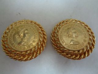 Vintage Signed Gay Boyer Large Gold Tone Elizabeth Ii Faux Coin Earrings