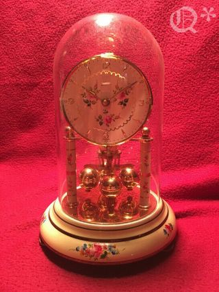 Vintage Kern Anniversary German Mantel Brass Clock Brass And Glass Dome