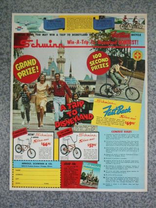 Vintage 1966 Schwinn Fastback 5 Speed Stingray 3 Speed Disneyland Advertisement