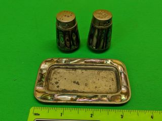 Vintage Salt & Pepper Shaker Set With Mother Of Pearl Inlay And Tray