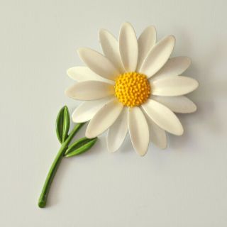 Large Vintage White Enamel Flower Brooch Pin Floral Green Stem