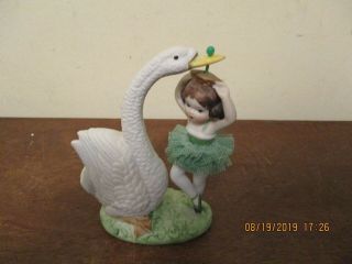 Vintage Bisque Goose With & Holding Up A Spinning Ballerina Figurine