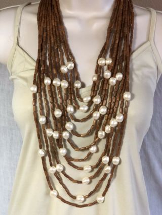 Vtg Runway High End Massive Baroque Pearl Necklace Wood Beads France Multi Long