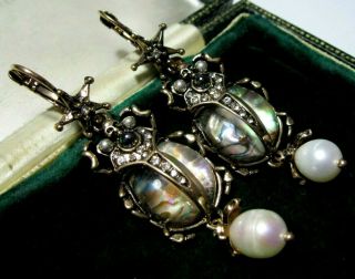 Statement Earrings Art Deco Vintage Style Real Pearl Star Beetle Drop