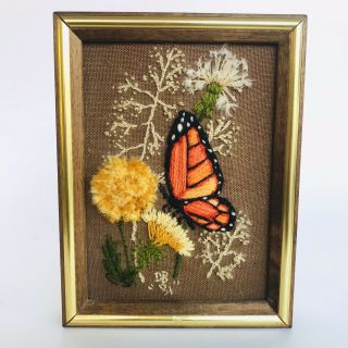 Vintage Dandelion Flowers Monarch Butterfly Finished Crewel Embroidery Framed