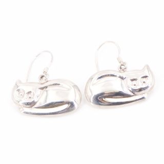 Vtg Sterling Silver - Solid Kitty Cat Animal Dangle Earrings - 4g