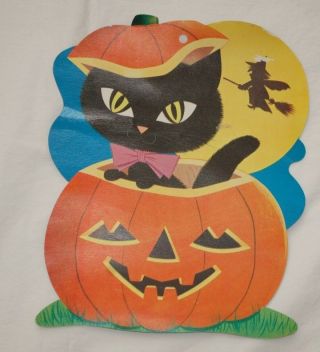 Vtg Dennison? Diecut Halloween Black Cat In Jol Pumpkin Witch Broom Moon 1950s