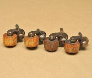 Antique Vintage Industrial Set Of 4 Cast Iron 7/8” Caster Wheels Wood Wooden 7