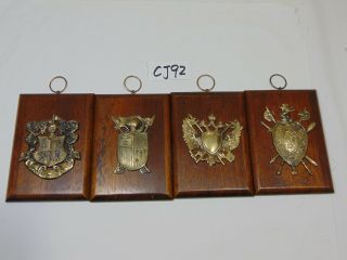 4 Vintage Japan Made Wood Wall Plaques Hanging W/metal Crests Lion - Eagle - Sword