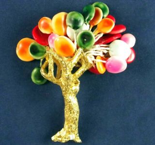 Rare Vtg Signed " Joy " Lg 3 " Gold Tone Tree W Dangle Lollipop Leaves Brooch Pin