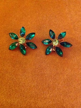 Vintage Estate Gold Tone Green Rhinestone Navette Flower Clip Earrings