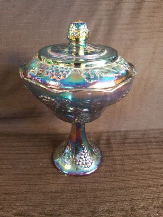 Vintage Indiana Carnival Glass Blue Iridescent Candy Dish Compote Harvest Grape