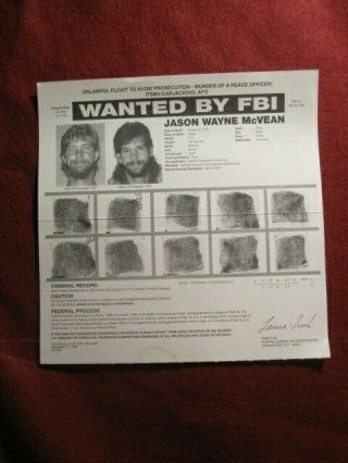 Vintage Fbi Wanted Poster,  1999 Jason Wayne Mcvean Carjacking,  Police Murderer