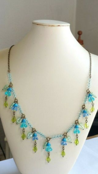 Czech Aqua And Blue Flower Glass Bead Necklace Vintage Deco Style
