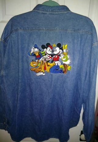Vintage Disney Denim Jean Shirt Xxl Mickey Donald Goofy Minnie Pluto Embroidered