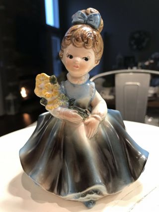 Vintage Napco Girl Figurine Planter In Blue Dress Made In Japan