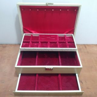 Vintage Mele Jewelry Box Beige 3 Tier Red Velvet Lining Necklace Hooks Drawer 4
