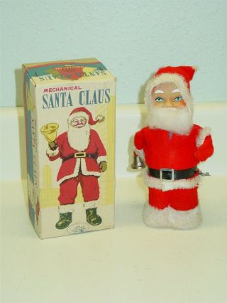 Vintage Alps Mechanical Santa Claus Ringing Bell,  Box,  Wind Up Toy