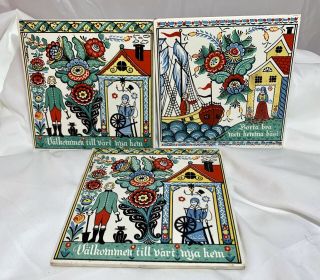 Vintage Swedish Folk Art Berggren Ceramic Tile Welcome Home Trivet Wall Plaque