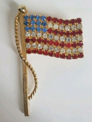 Vintage Rhinestone Usa Flag Pin Gold Tone America American Patriotic Euc