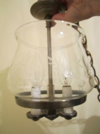Vintage 3 Light Etched Glass & Brushed Brass Pendant Antique Light
