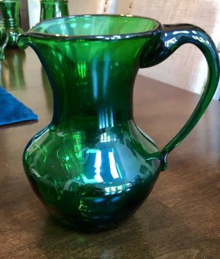 Emerald Green Hand Blown Glass Pitcher 7.  5” Vintage