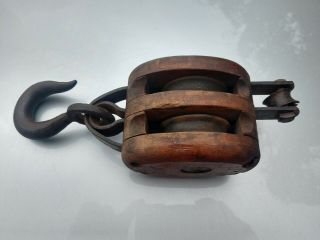 Vintage Antique Double Block Wood Pulley With Hook