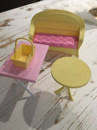 Vintage 1998 Mattel Barbie Doll House Wicker Sofa & Picnic Table,  Basket