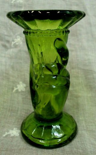 Vtg Miniature Hand Vase Green Glass 4 " High